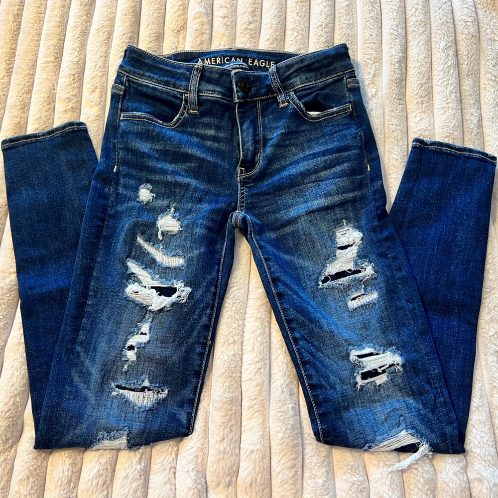 American Eagle Women’s Patched Distressed Dark Jeggings - Size 0